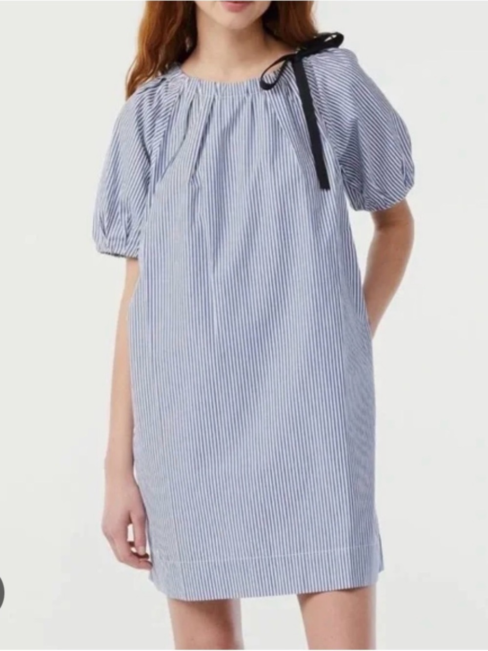 Free Assembly Blue White Stripe Puff Sleeve Mini Dress Size M - Picture 7 of 7